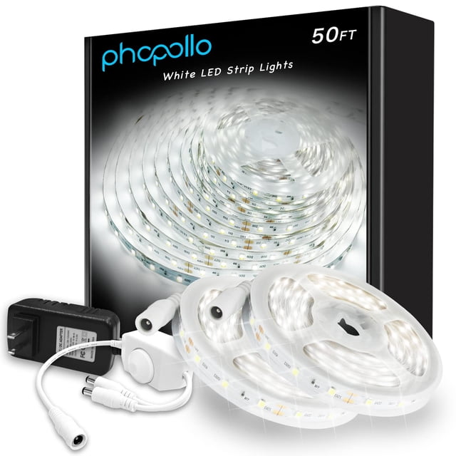 Tira de luces LED phopollo de 50 pies, 6500 K, regulables, color blanco, 24 V
