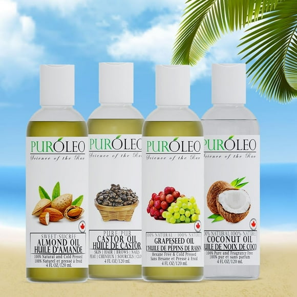 PUROLEO Coffret Cadeau Huile de Transport - 4 Pcs Grand Pack - 4 oz / 125 ml - Huile de Coco - Huile d'Amande - Huile de Ricin - Huile de Pépins de Raisin - Massage Hydratant 100% Naturel 4 Pcs X 125 ml 500 ml