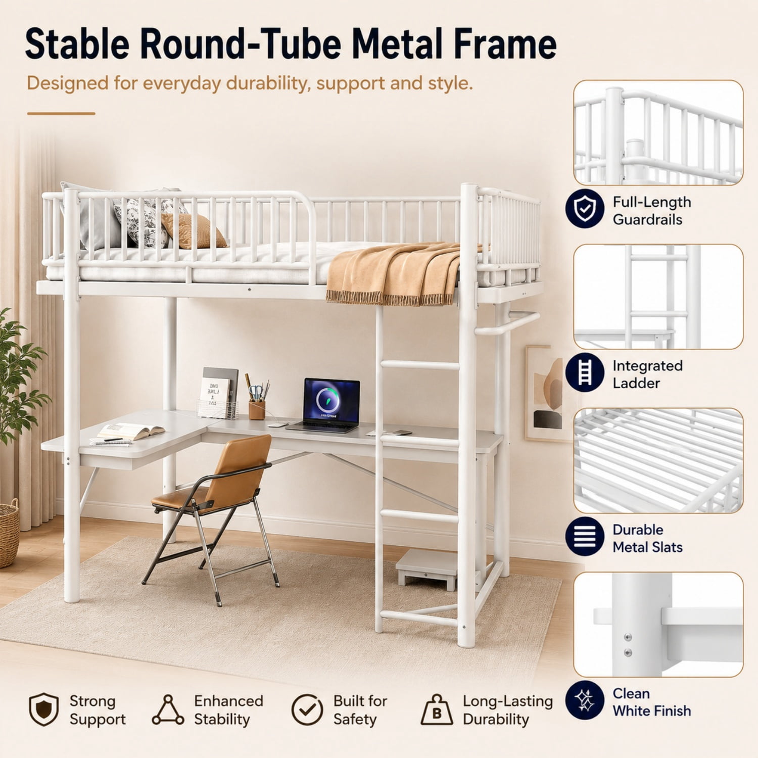 Miniyam Full Metal Loft Bed with L-Shaped Desk, LED Light Strip, Charging Station and PC Tower Tray, White