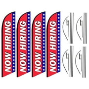 Now Hiring Four Pack of Advertising Feather Banner Swooper Flag Signs with Flag Pole Kits and Ground Stakes for Businesses, Patriotic Theme, 4pack
