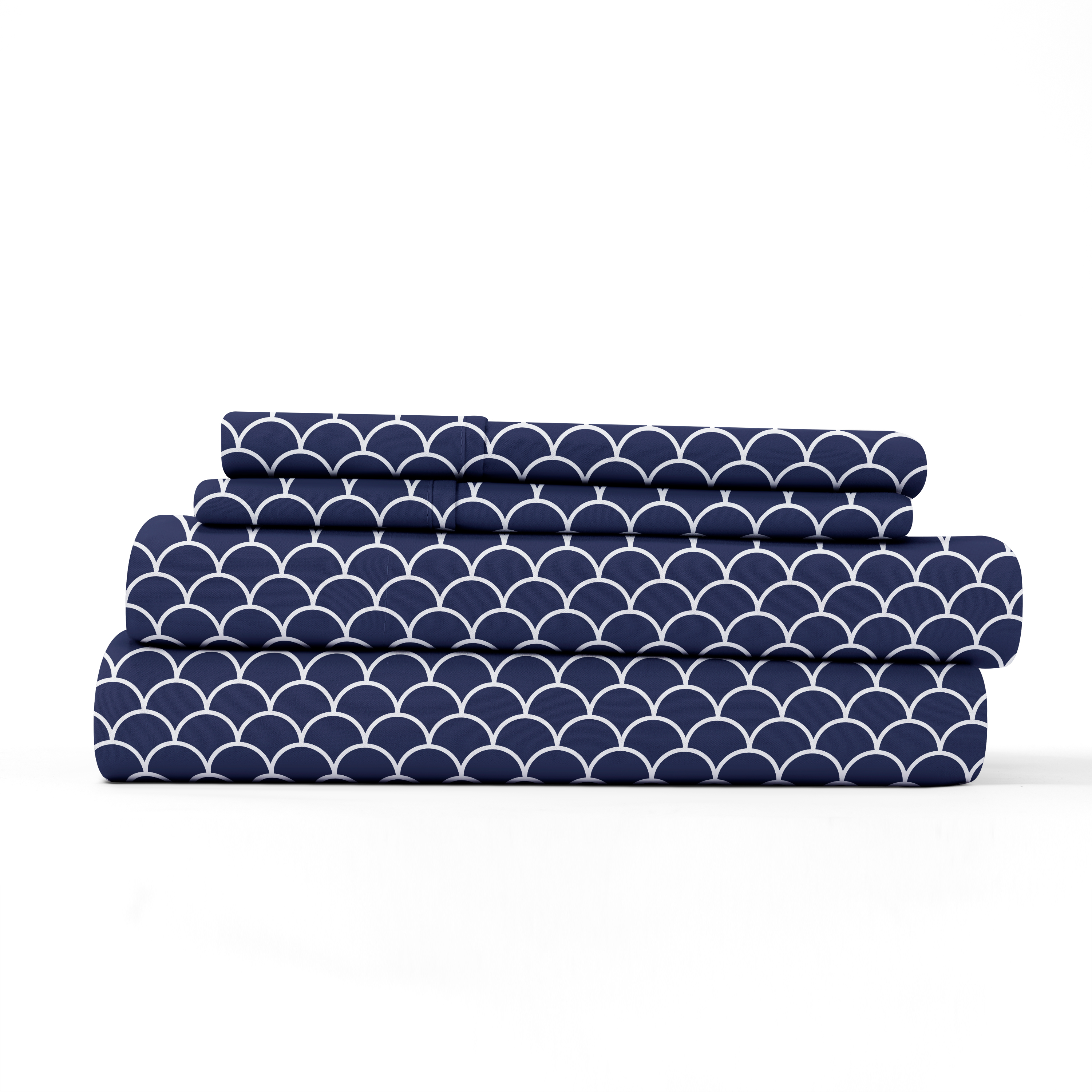 Noble Linens 4 Piece Pattern Microfiber Bed Sheets Set, Navy Scallops, Queen