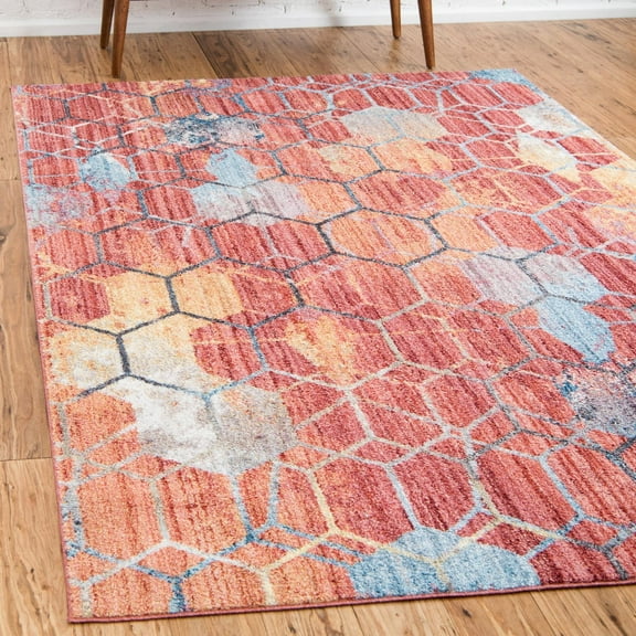 Unique Loom Rainbow Collection Area Rug - Honeycomb (5' 3" x 7' 10" Rectangle Red/Blue)