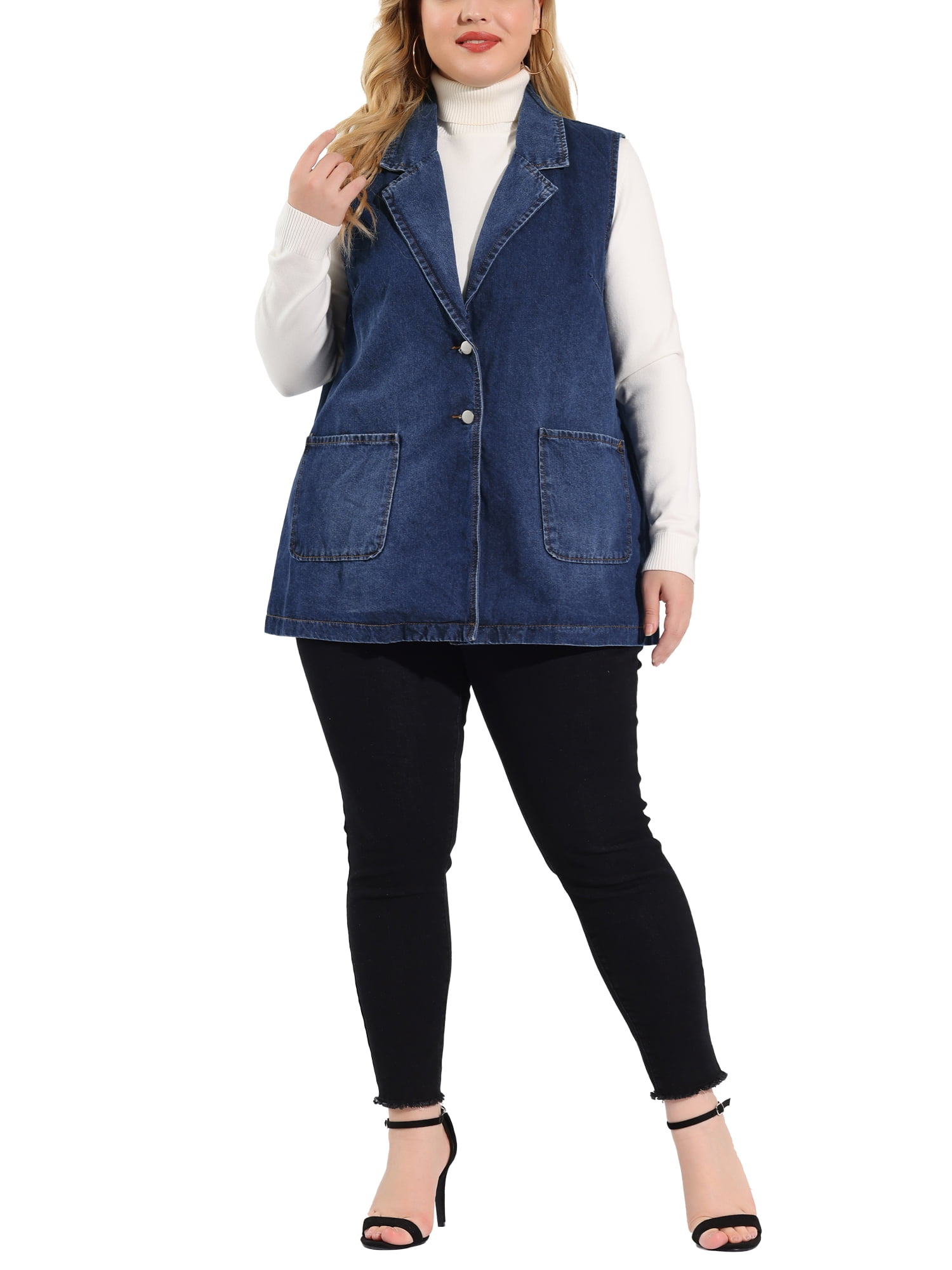Unique Bargains Women's Plus Size Denim Sleeveless Lapel Vest Relax Notched Jacket