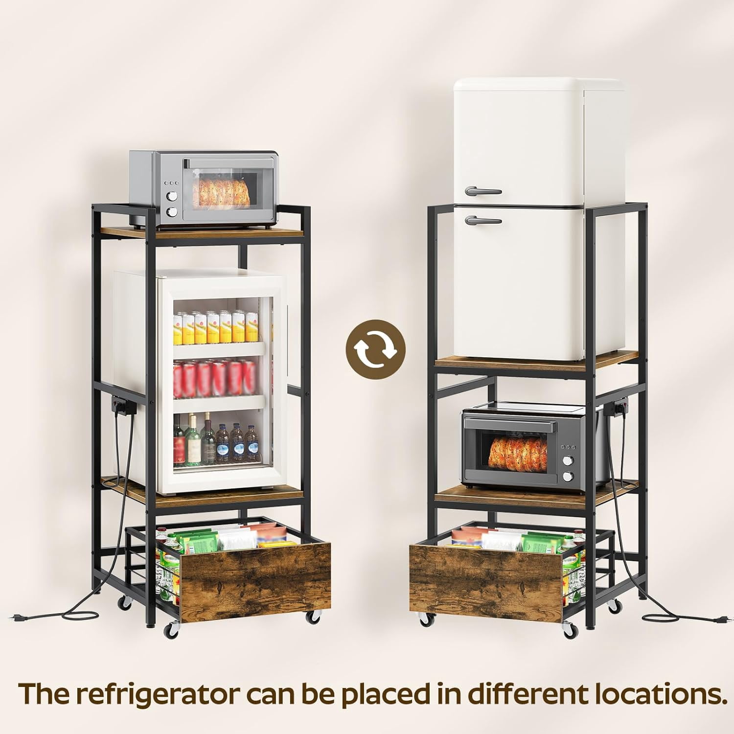 Mini Fridge Stand with Movable Drawer, Microwave Stand with Power Outlet, Kitchen Bakers Rack for Dorm, Dining Room, Home, Rustic Brown HB05UBR