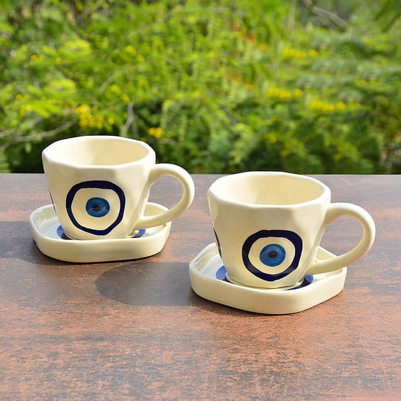Hand Painted Ceramic Cup & Saucer Set Of 2 - Multicolor, 250ml Each | Microwave Safe Tea Cups & Mugs | Chai Cups & Plates