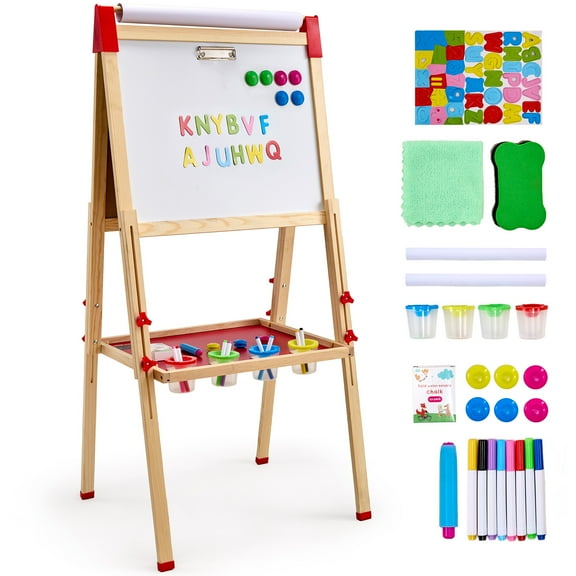 VEVOR Art Easel for Kids, 3-in-1 Wooden Double-Sided Kides Art Easel with Magnetic Whiteboard, Chalkboard & Paper Roll, Adjustable Standing Drawing Board with Painting Accessories for Boys and Girls