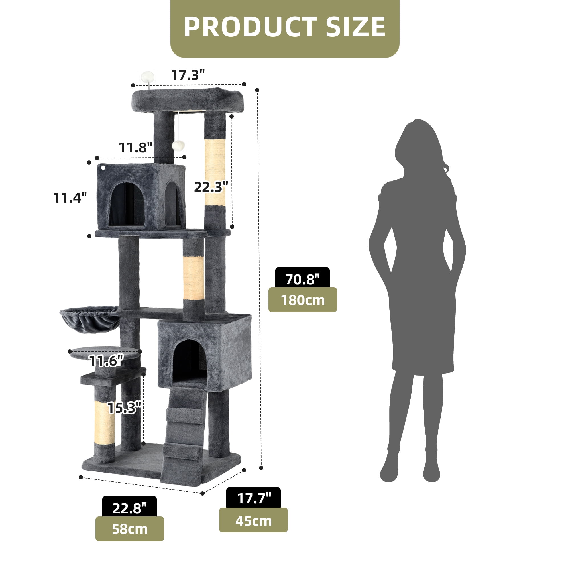 Uforic 70" Cat Tree Condo Multi-Level Tower with  Scratching Posts &Cozy Basket for Indoor  Cats, Dark Gray