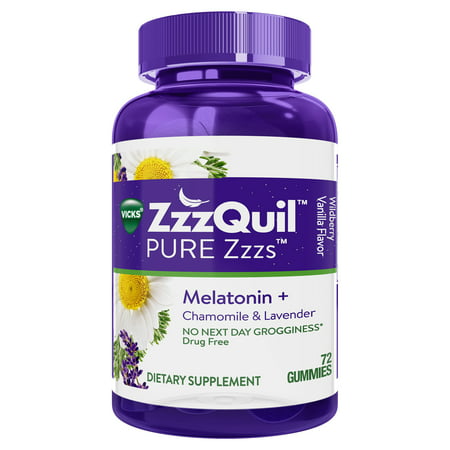 Vicks ZzzQuil PURE Zzzs Melatonin Natural Flavor Sleep Aid Gummies with Chamomile, Lavender, & Valerian Root, 1mg per gummy, 72 (Best Melatonin Sleep Aid)