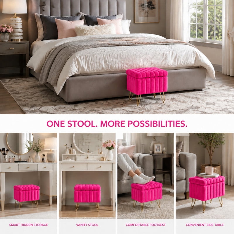 BEAUTYPEAK Vanity Stool with Storage Faux Fur Padded Makeup Ottoman with Gold Metal Legs and Adjustable Feet 18.9" Footstool, Rose