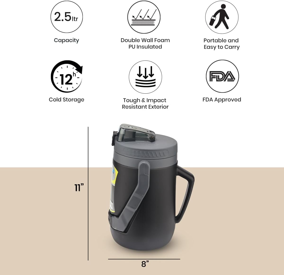 Pinnacle Thermoware Insulated Water Jug with Spout 85 Oz Large Water Bottle with Easy to Carry Handle - Black
