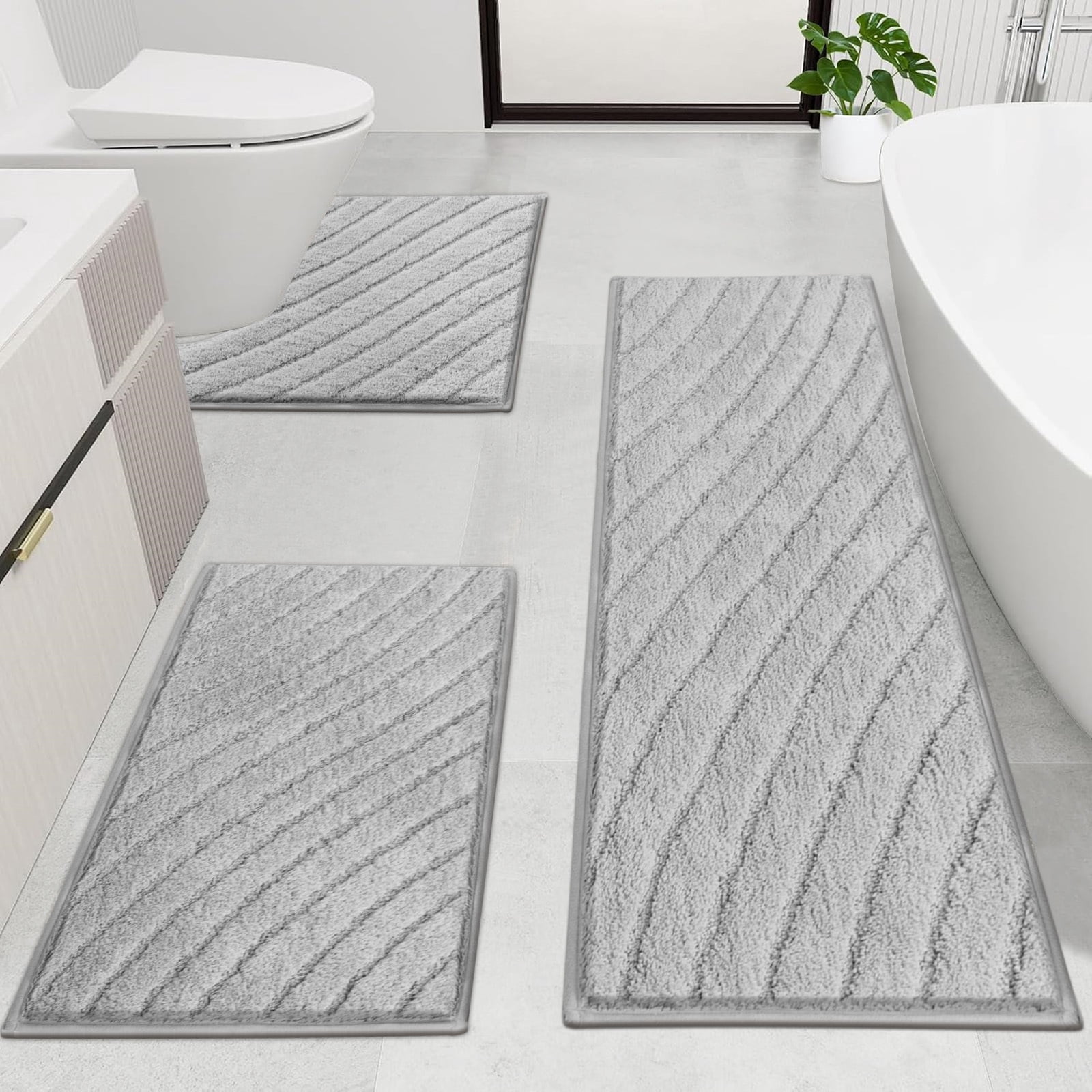 Findosom 3pcs Bathroom Rugs Set with U-Shaped Mat,Non Slip Machine Washable Wave Bath Mat,Ultra Soft Plush Shower Rugs for Bathroom,Tub,Shower20"x32"+20"x59"+U 20"x24"Gray