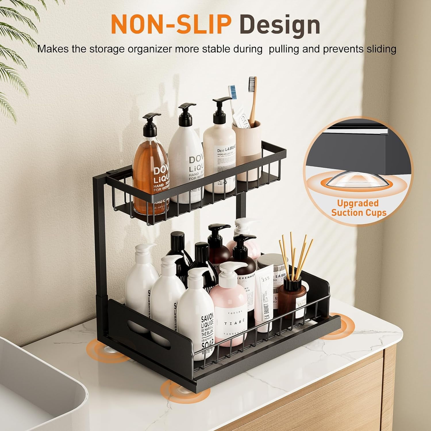 Under Sink Organizer,Metal Pull Out Cabinet Organizer Shelf,Kitchen Bathroom Organizers with Sliding Drawer,Storage Shelves,Storage and organization for Home,Laundry,RV,Pantry,Spice,Black,2 Pack