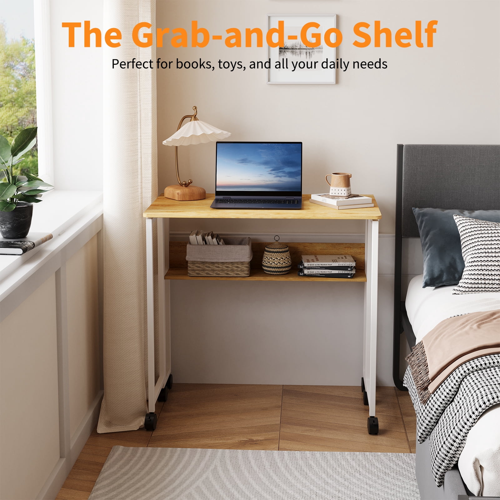 Folding Desk Small Rolling Desk with Storage Shelf,24.8 inch Foldable Computer Desk with Wheels, for Small Spaces, Home Office, Study, Easy Assembly