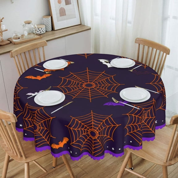 Purple Halloween Spiderweb Bat Round Tablecloth Waterproof Oil Proof Spill Proof Table Cloth 70" for Camping, Dining, Indoor and Outdoor Table Cover