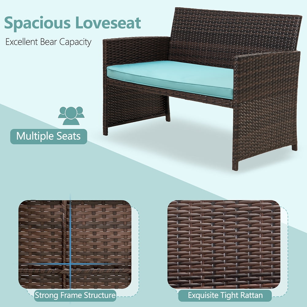Kadyn 4 Pieces Outdoor Wicker Furniture Sets, Patio Conversation Sets with Soft Cushions Loveseat, 2 Soft Cushions Single Chairs and Coffee Table, PE Rattan Conversation Set for Courtyard, Teal Kadyn 4 Pieces Outdoor Wicker Furniture Sets, Patio Conversation Sets with Soft Cushions Loveseat, 2 Soft Cushions Single Chairs and Coffee Table, PE Rattan Conversation Set for Courtyard, Teal