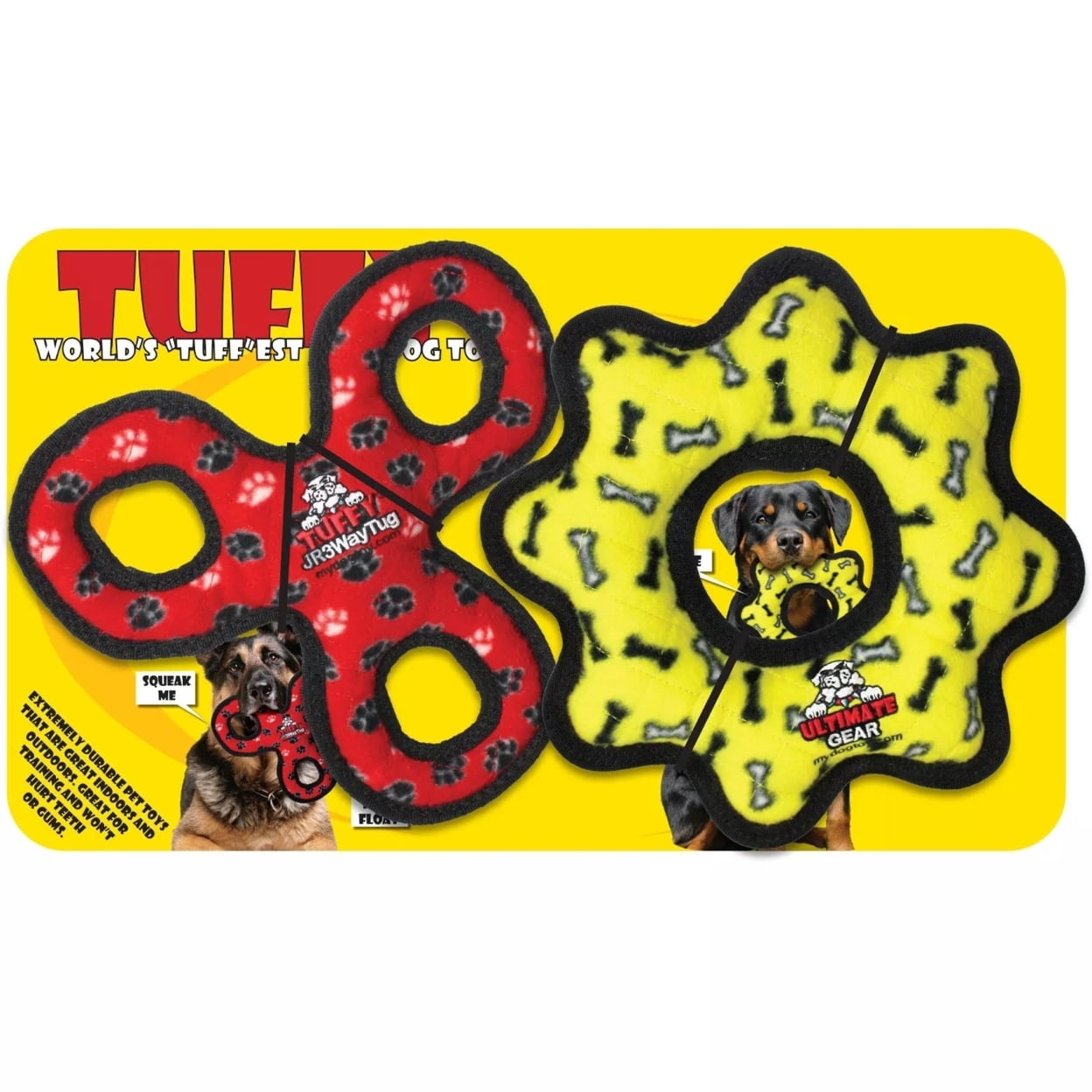 Tuffy 2-Piece Durable Tug & Ring Dog Toy Set with Squeakers for Interactive Play, Multi-color (2 Pack)