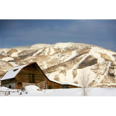Steamboat Springs Ski Area and Barn, Colorado Barn Winter Snow Scene Mountain Landscape Print Wall Art By Ron