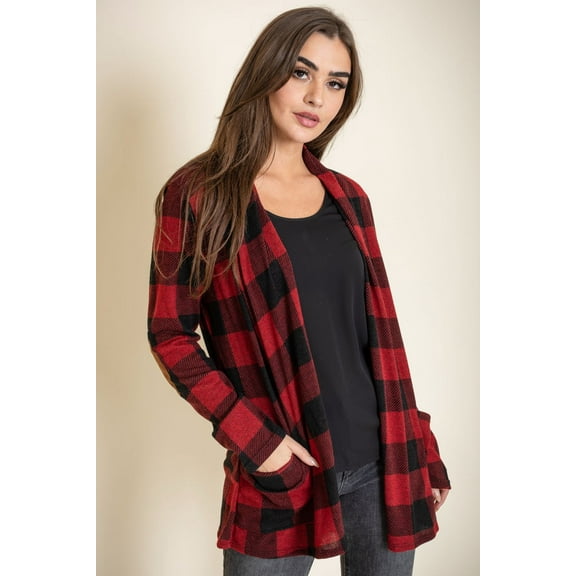 Red Buffalo Plaid Cardigan with Elbow Patch