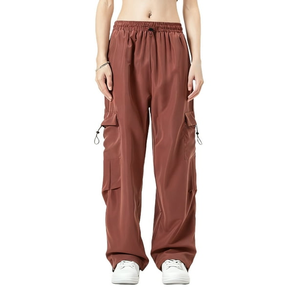 Amzcrzy Pantalones cargo informales para mujer: cintura elástica con cordón, bolsillos con solapa, estilo paracaídas/harem/jogging, holgados, cintura alta, tallas M-2XL. Rojo