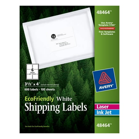 Avery EcoFriendly Shipping Labels  Permanent Adhesive  3-1/3  x 4   600 Labels (48464)