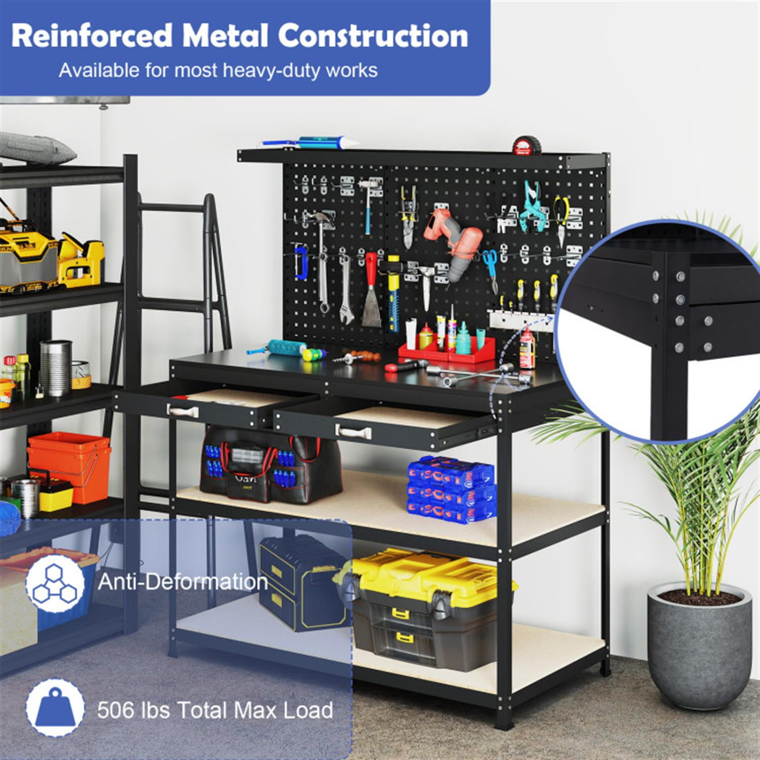 Demi Bonn 48" x 24" Workbench Work Table with 2 PCs Pegboard Drawer and Shelves, 4-Tier Heavy Duty Metal Tool Storage Bench for Garage, Workshop, Black