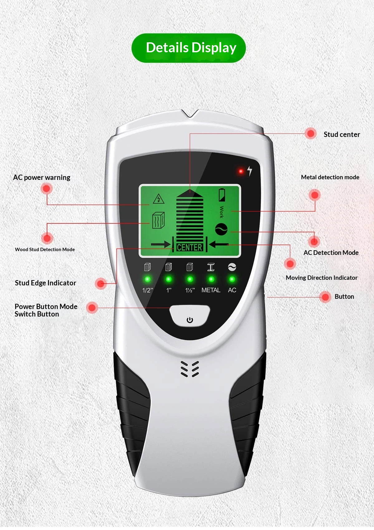 Stud Finder Wall Scanner 5 in 1 Electronic Stud Detector with LCD Display and Audio Alarm Stud Sensor Beam Finders for Wood Metal Studs and AC Wire Detection