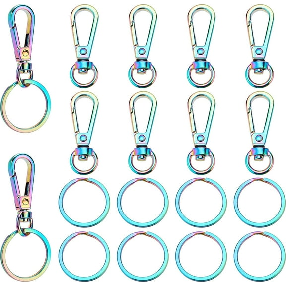 20pcs Rainbow Swivel Clasps Set 10pcs Metal 1.5" Trigger Snap Hooks Lanyard Keychain Hook with 10pcs 25mm/0.98" Stainless Steel Flat Key Ring for Purse Strap Keys Bag Pendant Dog Leash