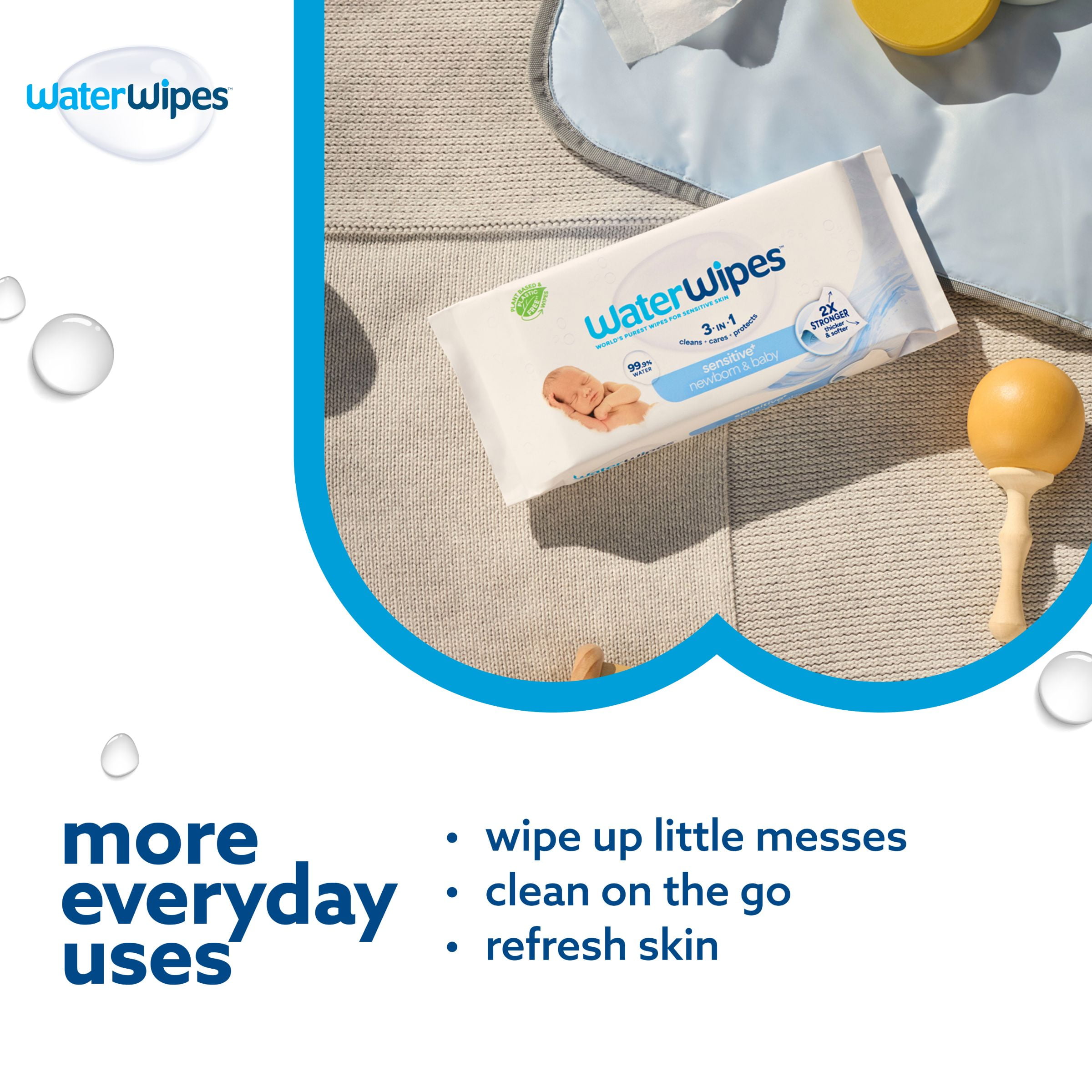 WaterWipes Sensitive+ Newborn & Baby Wipes, 3-In-1 Cleans, Cares, Protects, 99.9% Water, Unscented & Hypoallergenic, 720 Count (12 Packs)