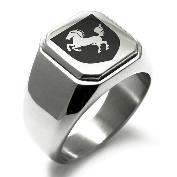 Stainless Steel Horse Battle Coat of Arms Shield Engraved Square Flat Top Biker Style Polished Signet Ring