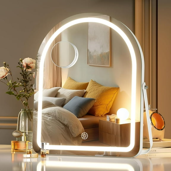 Vanity Mirror with Lights-12" x 14" Arched Makeup Mirror with 3 Color Lights, Adjustable Brightness,10X Magnification, 360°Rotation