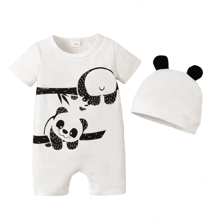 

NZRVAWS Newborn Baby Boys Outfits 6 Months Boys Bodysuit Panda Print Romper 9 Months Boys Hat 2Pcs Clothes Set White