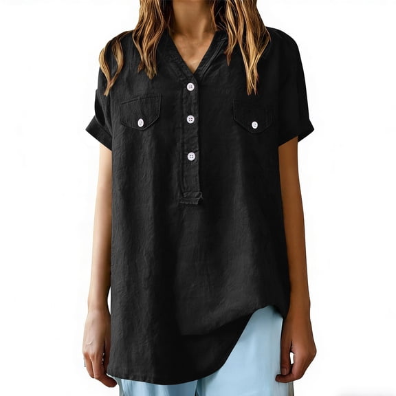 UQJfacai Linen Shirts for Women Summer Short Sleeve Casual Henley Shirt Vacation Beach V Neck Button Cotton Tunic Blouses S-2XL