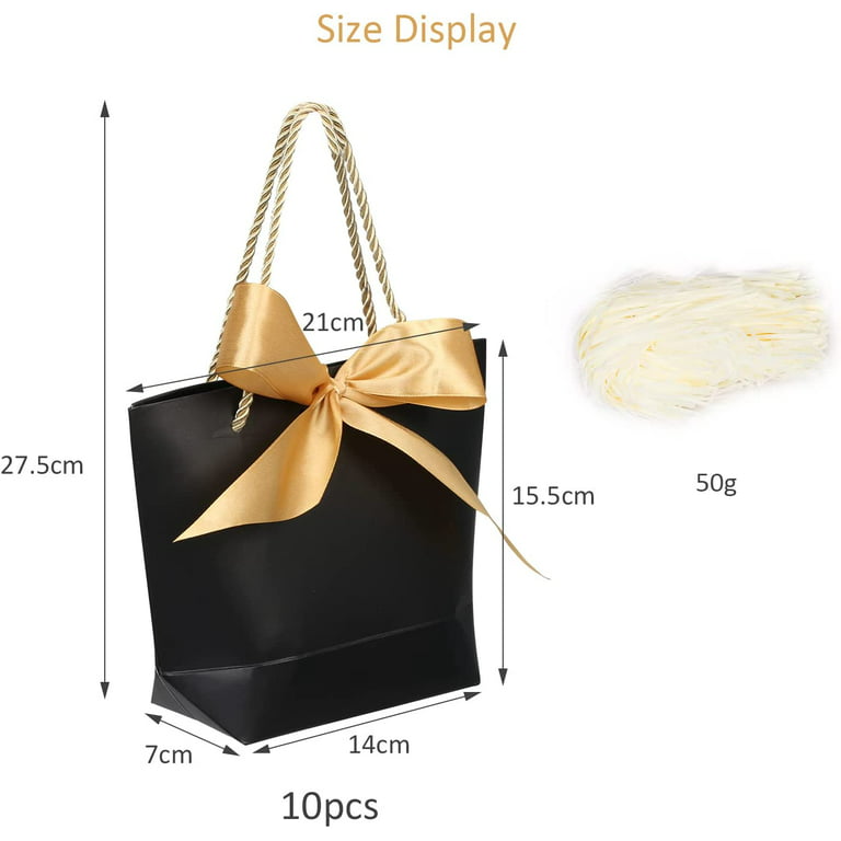 TAZEMAT 10Pcs Christmas Kraft Paper Bags with Handle Black Gift Bag with  Ribbons Kraft Gift Bag with Yellow Raffia Paper for Christmas Party Wedding  