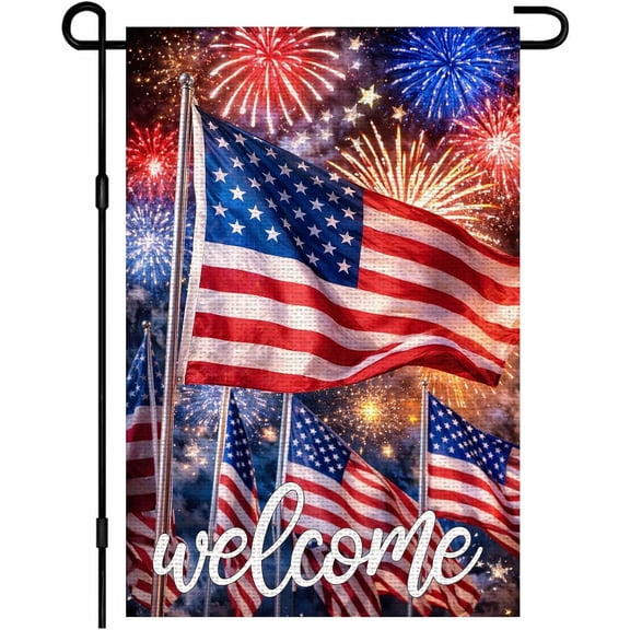 Patriotic Garden Flag 12x18 Inch Independence Day Fireworks Double Sided Burlap Yard Flag Outdoor Decor