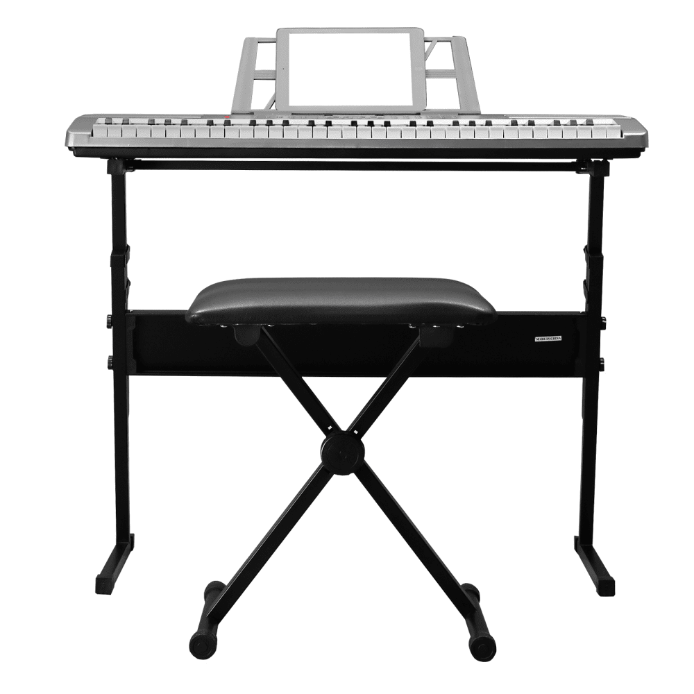 Tcbosik 61 Key Keyboard Piano with Stand, Bench, Music Rest and LED Screen, Built-In Speakers, Headphone, Microphone and 3 Teaching Modes for Beginners Starter, Silver