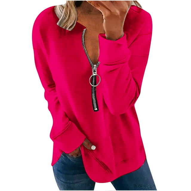 Yuyuzo Tunic Tops for Women Long Sleeve Pullover Round Neck Half Zipper Solid Color Fall Top Blouses