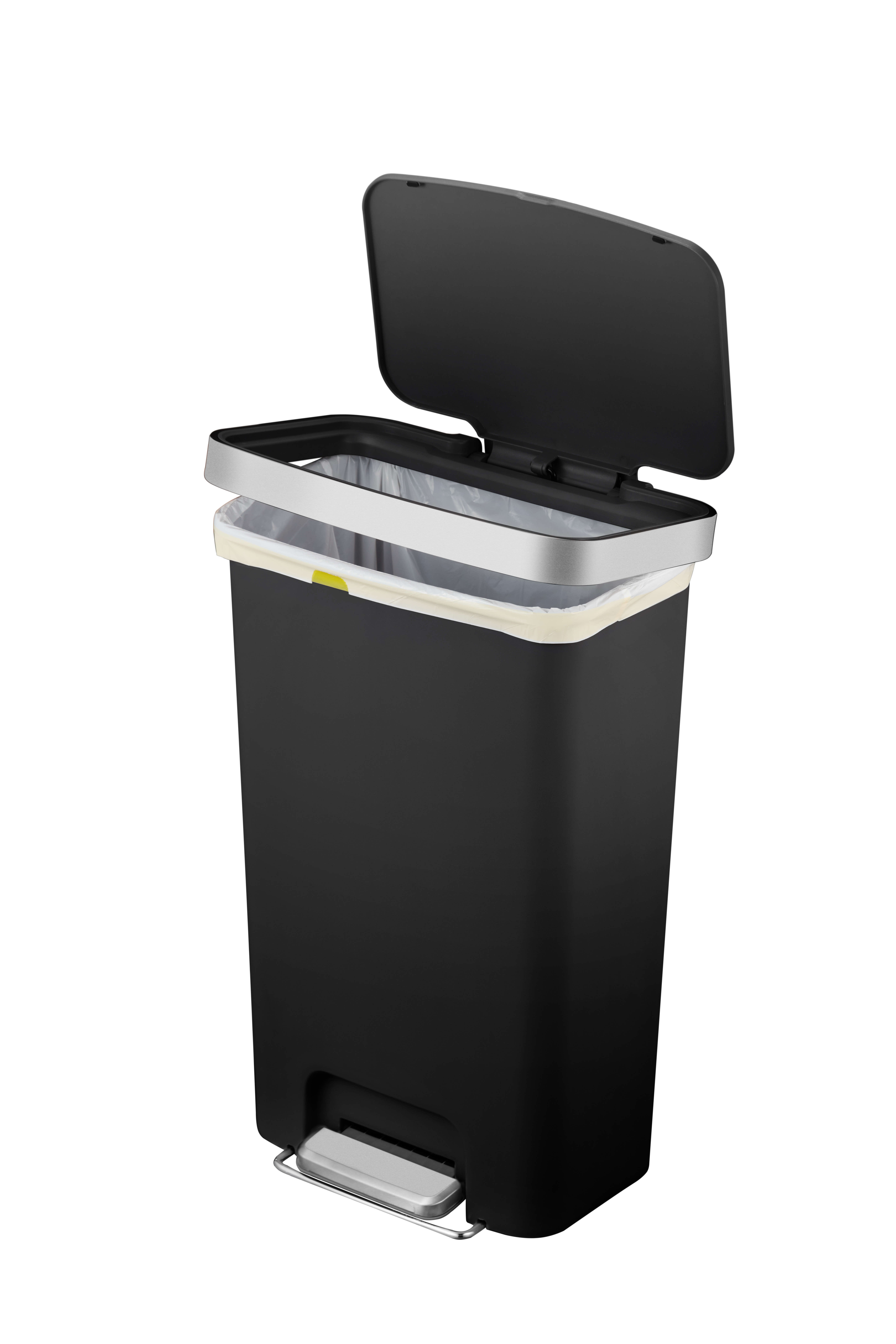 BETTER HOMES & GARDENS KITCHEN TRASH CAN, 11.9 GALLON PLASTIC STEP GARBAGE BIN WITH SOFT CLOSE LID, BLACK