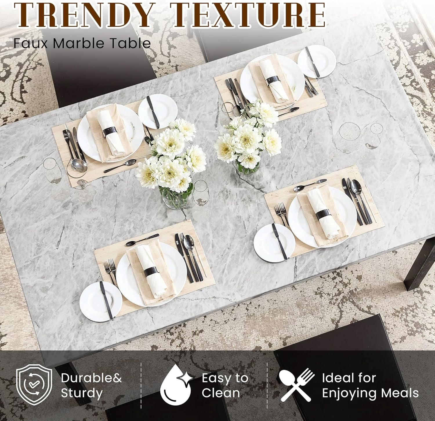 Baxluxe four-person dining table and chair set, marble kitchen dining table and chair set, equipped with leather cushioned dining chairs, suitable for kitchens and restaurants, apartments brown/grey