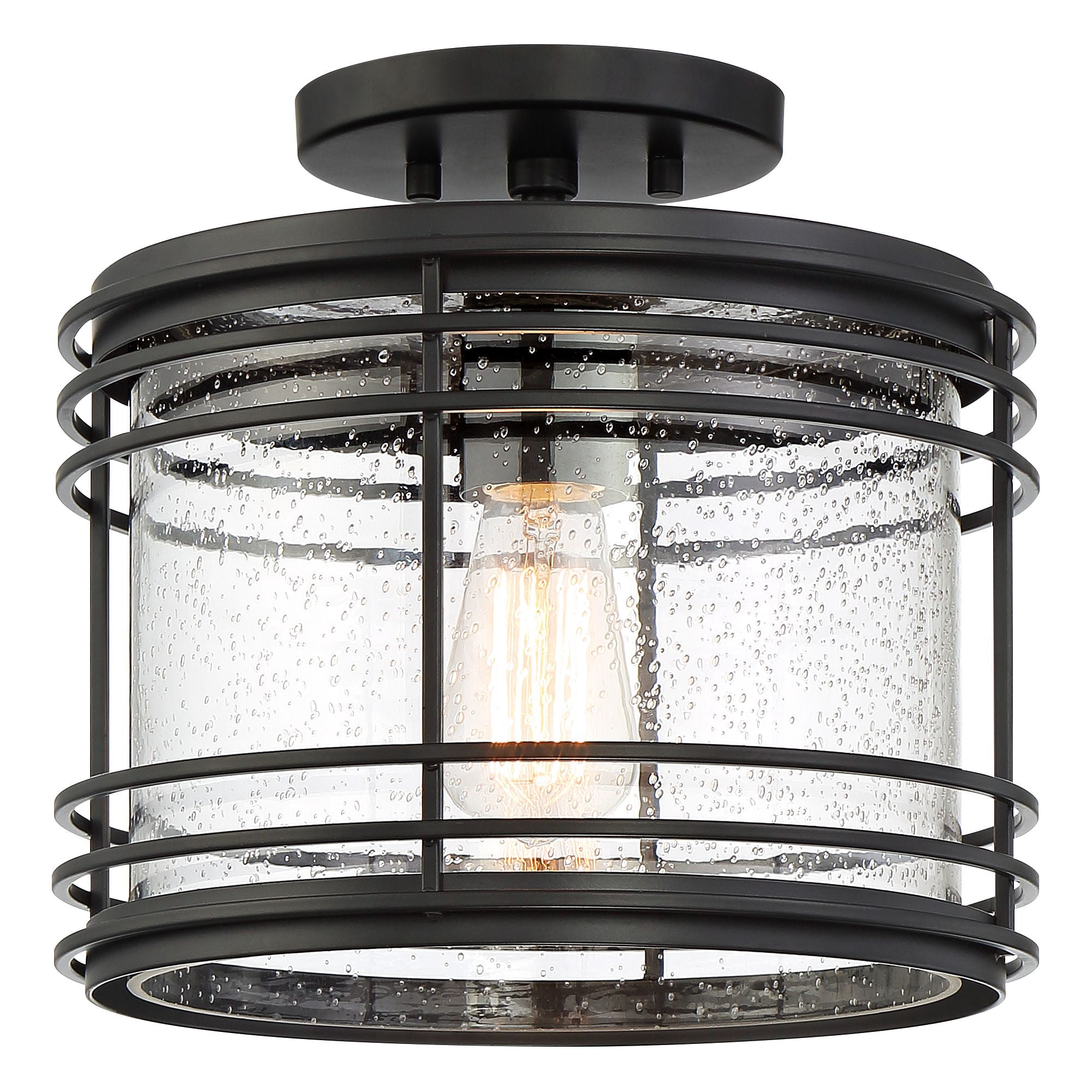 Possini Euro Design Modern Semi Flush Mount Outdoor Ceiling Light Fixture Black Geometric 11" Clear Seedy Glass for Exterior House Porch Patio Deck