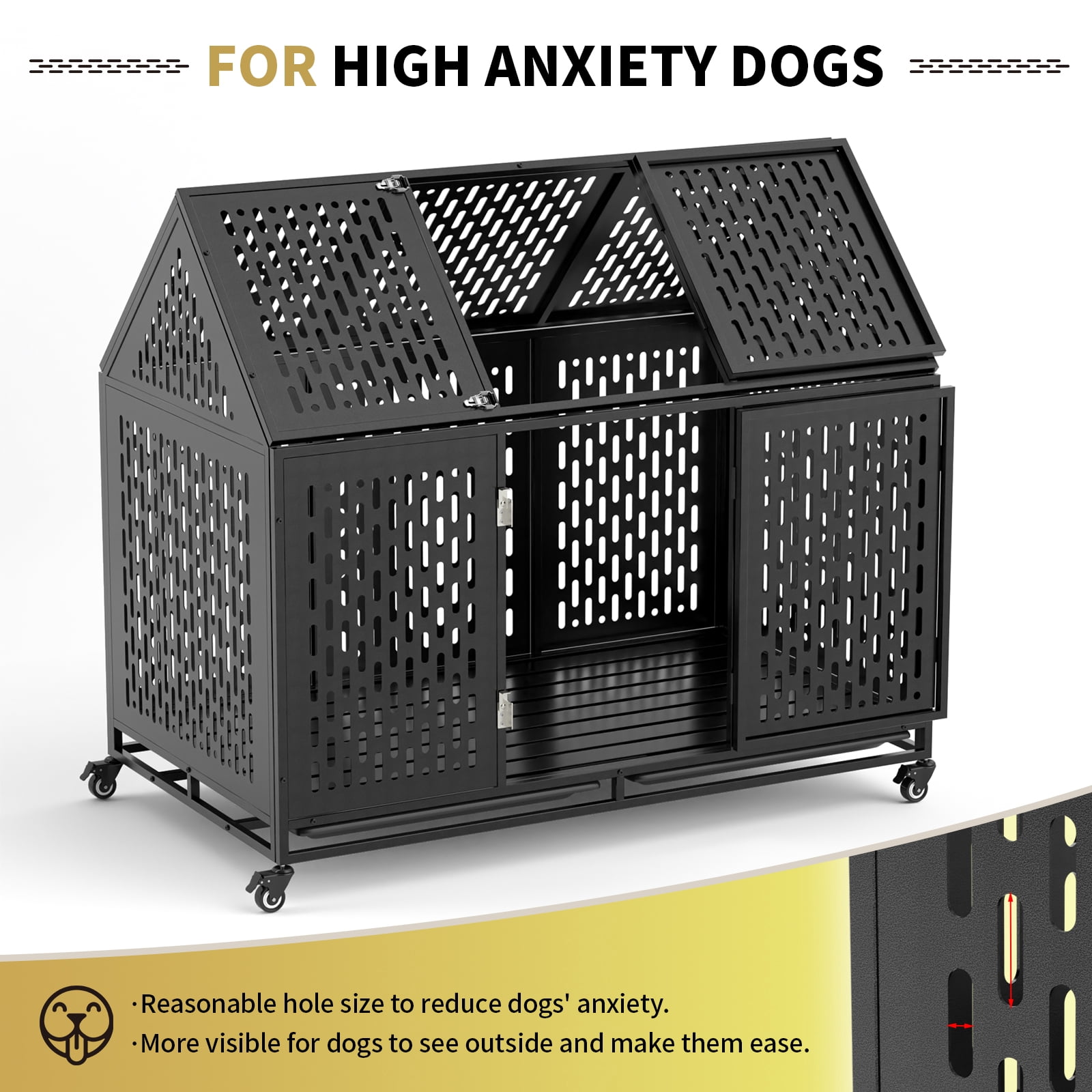 52 Inch Heavy Duty Dog Crate Extra Large Dog Cage, Indestructible XXL Dog Crate Kennel with Open Roof Top, Trays and Wheels, Escape-Proof for High Anxiety Giant Dogs