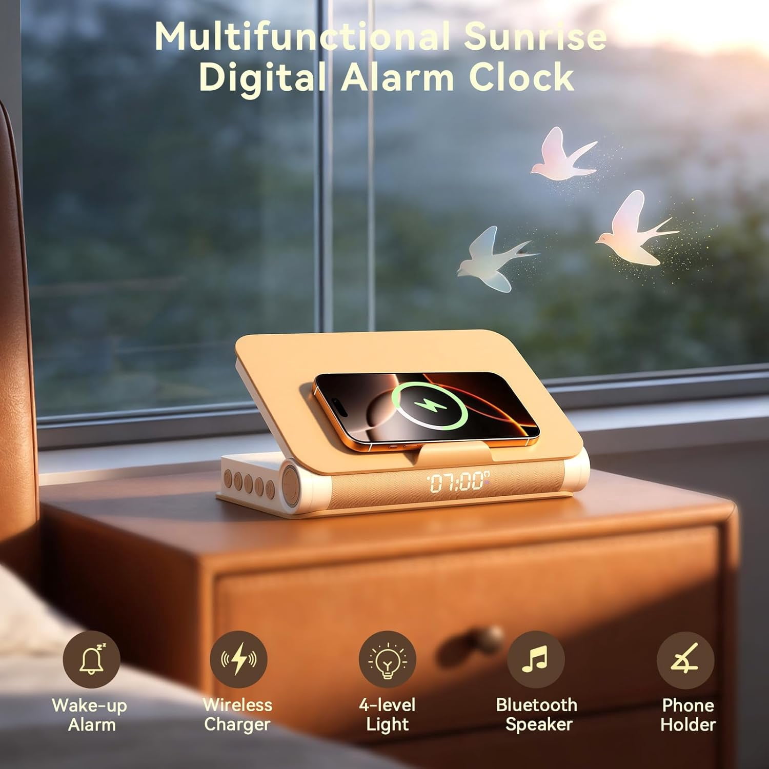 Sunrise Alarm Clock with Bluetooth Speaker, White Noise, Dimmable Lamp & Wireless Charging, Wood Grain Book Style