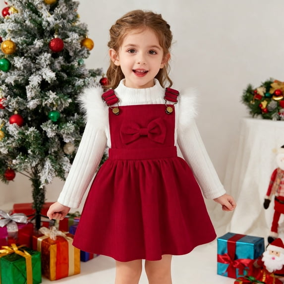 Winter Girls 2 Piece Outfit, Long Sleeve Ribbed Strap Top with Bow Tie Dress, Toddler Baby Girl Holiday Party Wear Suspender Skirt Set Fall Winter Clothes