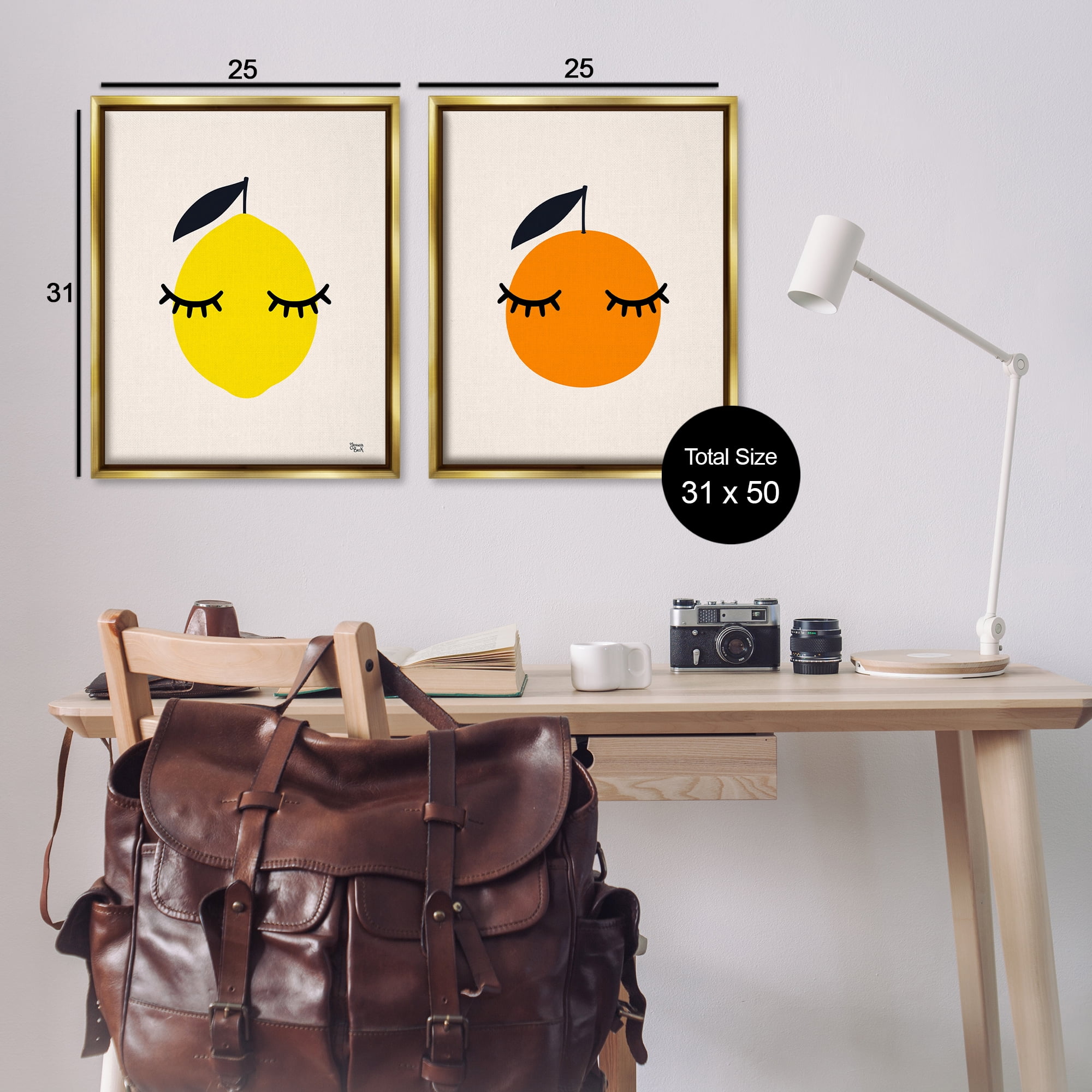 Stupell Industries Lemon & Orange with Eyelashes Food & Beverage Painting Gold Floater Framed Canvas Art Print Wall Art, 31 x 25, Set of 2