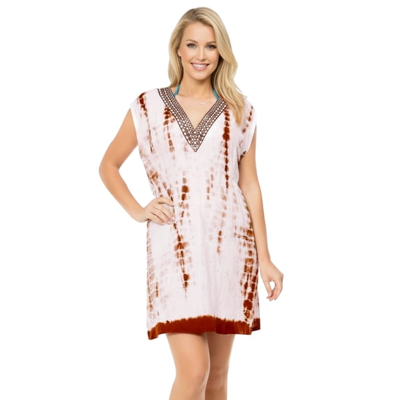 HAPPY BAY Women's Beachwear Summer Swim Beach Cover ups for Swimwear Women Swimsuit Coverups for Women Mini Swing Dresses L-XL Brown_AC52