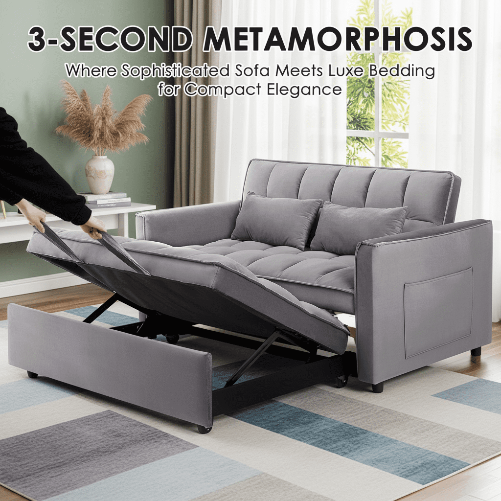 Xiweot 3 in 1 Sofa Bed, 55" Convertible Sleeper Sofa with Pull Out Couch & Adjustable Backrest, Velvet Loveseat Sofa with Side Pockets for Living Room, Bedroom, Apartment, and Small Space (Dark Gray)