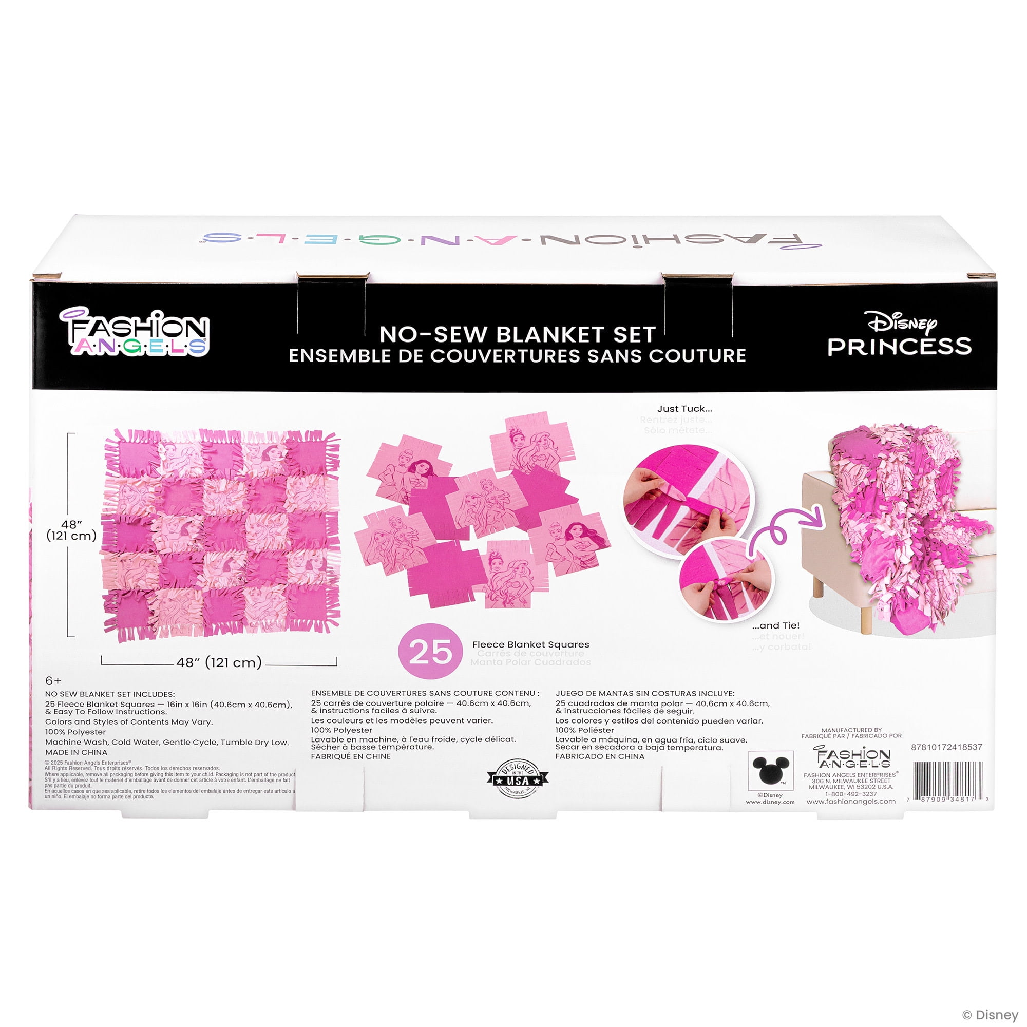 Fashion Angels: No-Sew Blanket - Disney Princess - DIY 48" Blanket Craft Kit, Just Tuck & Tie, Pink-Lavender-Character Polar Fleece Squares, Kids 6+