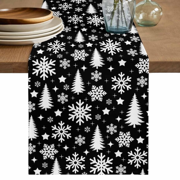 Black White Christmas Table Runner 72 Inches, Xmas Tree Snowflake Winter Abstract Bed Runner Dresser Scarves Tabletop for Indoor Outdoor Parties/Ceremony/Banquet, 14" x 72"