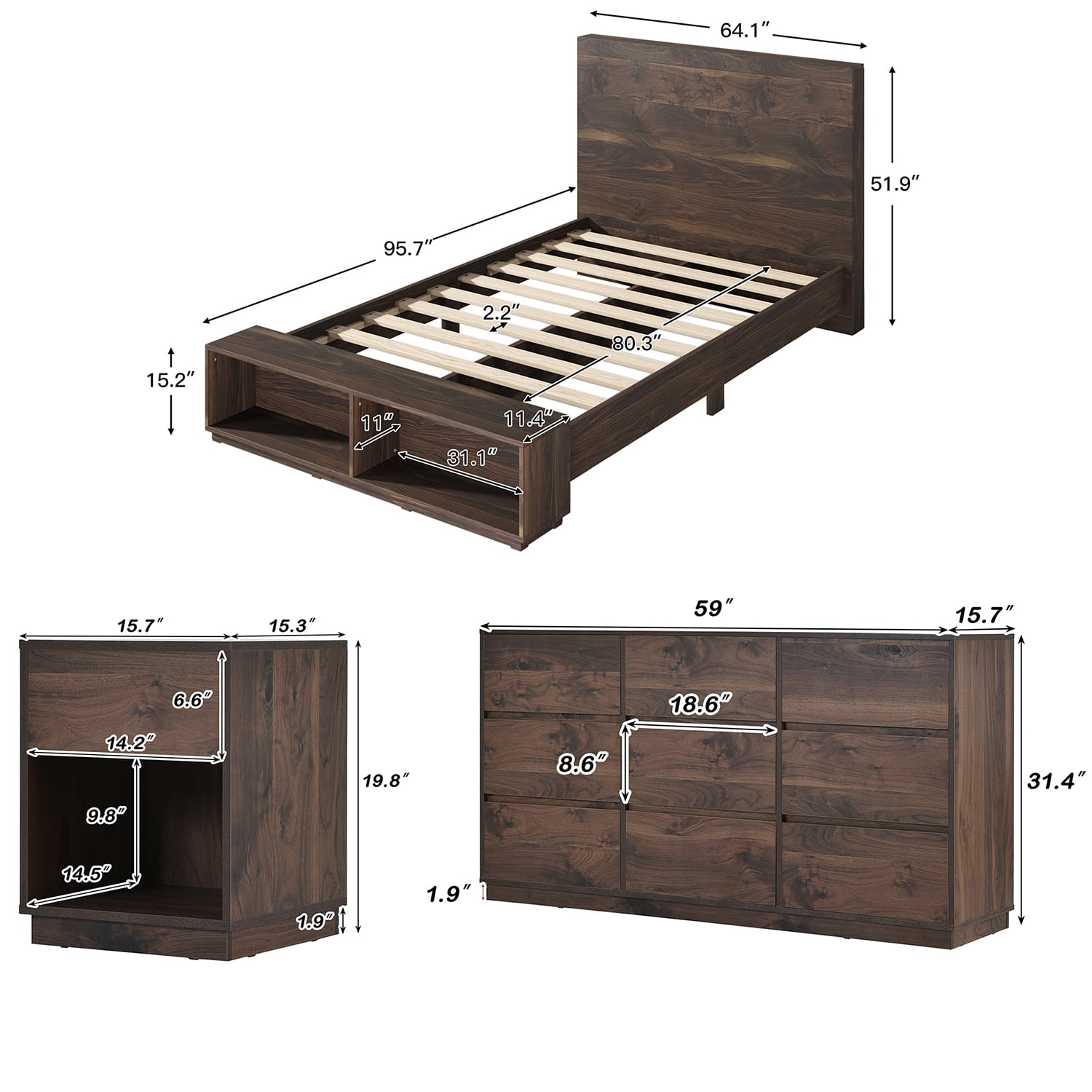 Kadyn 3 Pieces Walnut Bedroom Sets Queen Size Platform Bed, Queen Bed with Storage Bench, Solid Wood Nightstand and 9-Drawer Dresser for Bedroom Kadyn 3 Pieces Walnut Bedroom Sets Queen Size Platform Bed, Queen Bed with Storage Bench, Solid Wood Nightstand and 9-Drawer Dresser for Bedroom