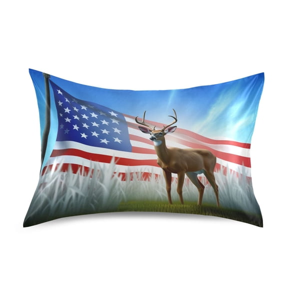 Dailycode Satin Pillow Case Standard Silk Pillow Cover for Hair and Skin Envelope Closure Deer and American Flag 20"x26"