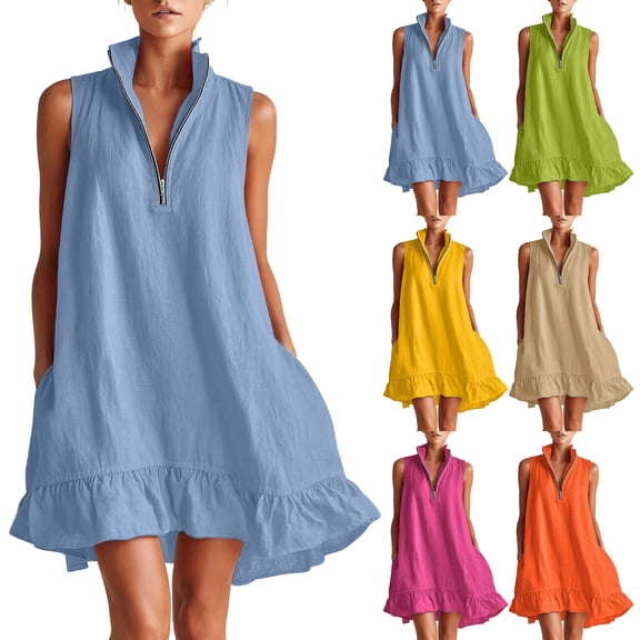 Vacation Dress Women's Sleeveless Half Zip Ruffle Hem Dress Stand Collar Casual Loose Summer Mini Dress Beige L